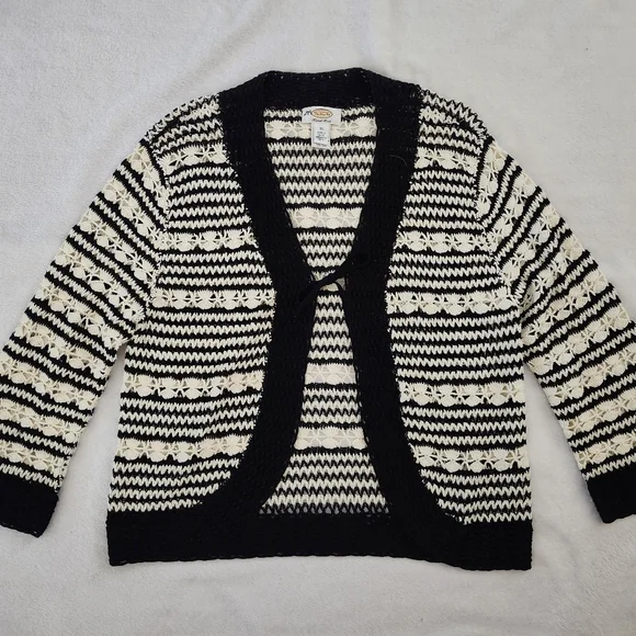 TALBOTS Women's XL Knit Crochet Cardigan Black White Boho Open Front Y2K Vibe - Picture 4 of 14
